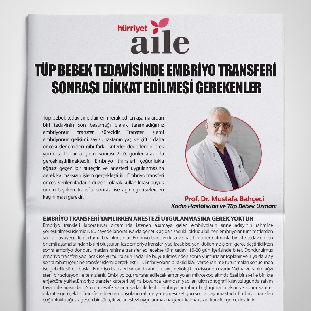 Tüp Bebek Tedavisinde Embriyo Transferi Sonrası Dikkat Edilmesi Gerekenler