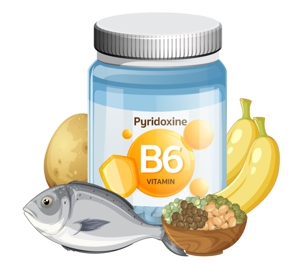 Шишенце с Витамин В6 и около него храни, като риба, банани и други.